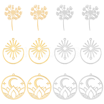 12Pcs 6 Style 201 Stainless Steel Pendants STAS-DC0014-35-1