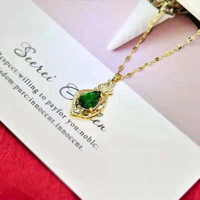 Alloy Crystal Rhonestone and Green Glass Teardrop Pendants Necklaces for Women FS-WG0BC64-01-1