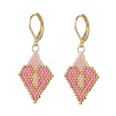 Glass Seed Braided Rhombus with Heart Dangle Leverback Earrings EJEW-MZ00030-01-1