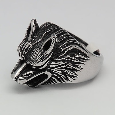 Unique Retro Men's 304 Stainless Steel Wolf Rings RJEW-F006-176-1