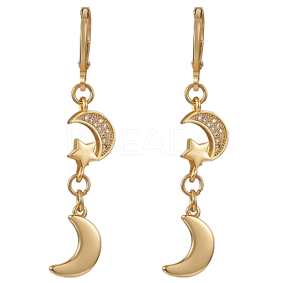 Clear Cubic Zirconia Moon and Star Dangle Leverback Earrings EJEW-SW00011-09-1