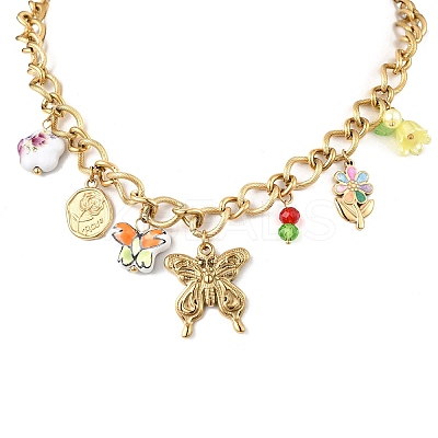 304 Stainless Steel Butterfly & Acrylic & Ceramic Flower Pendant Necklaces for Women NJEW-A063-13G-1