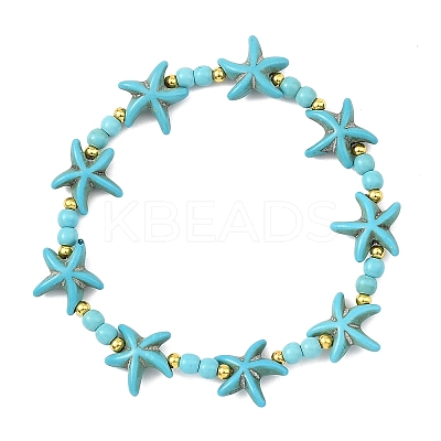 Synthetic Turquoise & Brass Beads Stretch Bracelets for Women Men BJEW-JB13877-01-1