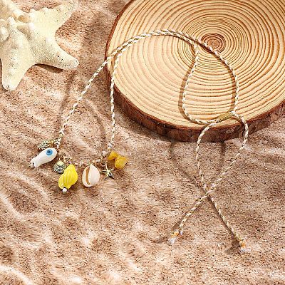Summer Beach Porcelain Fish & Natural Cowrie Shell Pendant Cotton Cord Adjustable Necklaces FS-WG63638-03-1