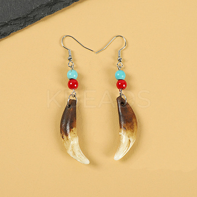 Natural Gemstone Wolf Tooth Shape Dangle Earrings with Real Tibetan Mastiff Dog Tooth FX9729-5-1