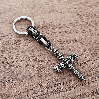 304 Stainless Steel Skull-shape Cross Keychains HC7516-1