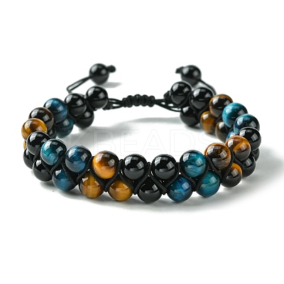 Natural Tiger Eye & Black Onyx Round Braided Bead Bracelet BJEW-TA00441-1