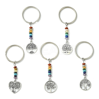 5Pcs Alloy Flat Round & Heart with Tree of Life Pendant Keychain KEYC-JKC00591-S-1