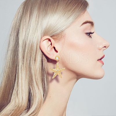 3 Pairs 3 Style Alloy Starfish Dangle Stud Earrings with Plastic Pearl Beaded EJEW-FI0002-95-1