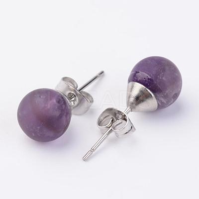 Round Natural Frosted Tiger Eye/Lapis Lazuli/Rose Quartz/Howlite/Amethyst Stud Earring Findings EJEW-JE02184-1