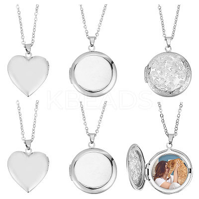 6Pcs 3 Style Heart & Flat Round & Flower 304 Stainless Steel Photo Locket Necklaces Set with Cable Chains for Women NJEW-UN0001-37-1