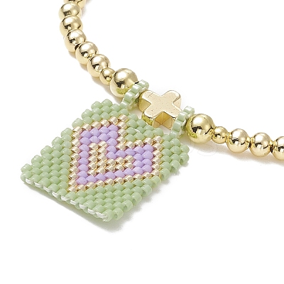 Glass Seed Rectangle with Heart Charm Bracelet BJEW-MZ00033-1