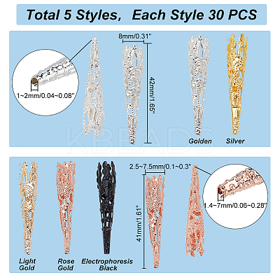 150Pcs 5 Style Iron Filigree Bead Cone IFIN-PH0005-19-1