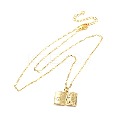Brass Cross Bible Book Pendant Necklaces for Women Men NJEW-S438-03G-1