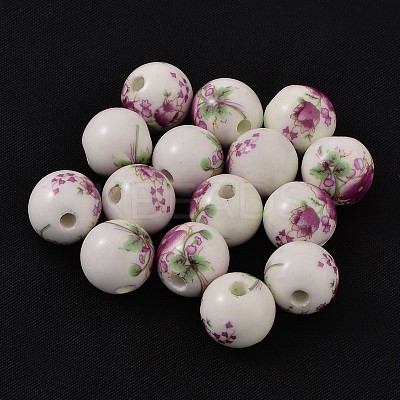 Floral Printed Porcelain Beads X-CFF038Y-1
