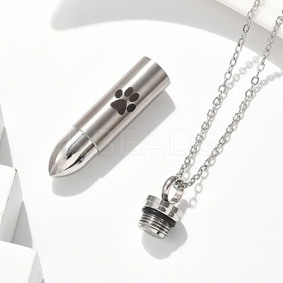 304 Stainless Steel Paw Print Bullet Shape Pet Memorial Keepsake Urn Ashes Pendant Necklaces NJEW-P326-03P-1