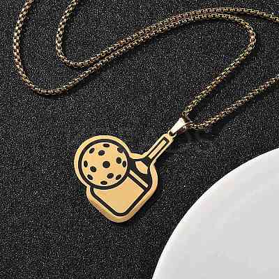 201 Stainless Steel Pickleball Paddle Pendant Box Chain Necklaces for Women Men LS-NJEW-H050-02G-1