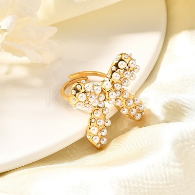 Bowknot 304 Stainless Steel Cuff Rings for Women RJEW-A058-01A-G-1