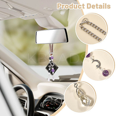 2Pcs Natural Black Onyx & Amethyst & Glass Car Rearview Mirror Pendant Decoration HJEW-CA00066-1