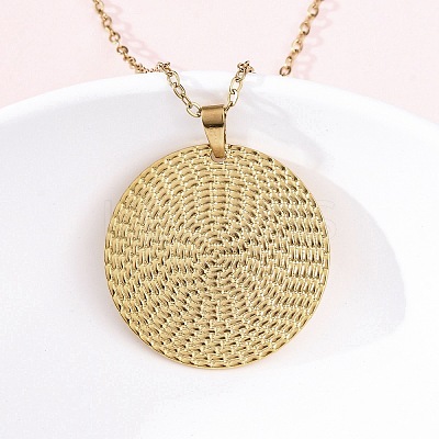Flat Round 304 Stainless Steel Pendant Necklaces NJEW-M096-28G-1