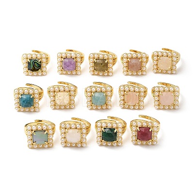 Ion Plating(IP) Natural Mixed Gemstone Square Adjustable Ring with Plastic Pearl Beaded RJEW-E075-04G-1