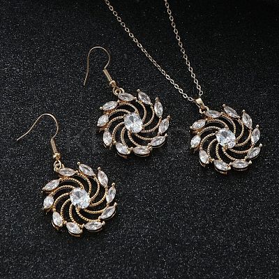 Flower Brass Micro Pave Clear Cubic Zirconia Pendant Necklaces & Dangle Earrings Sets WG2DD79-03-1