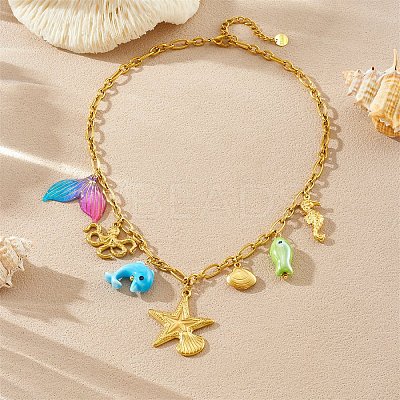 Ocean 304 Stainless Steel & Plastic Starfish Sea Horse Fish Pendant Necklaces for Women NJEW-G180-04G-1