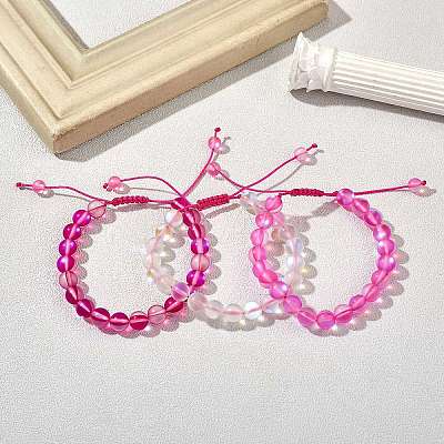 3Pcs Round Synthetic Moonstone Braided Bead Bracelets BJEW-SW00061-05-1
