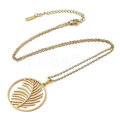 201 Stainless Steel Feather Pendant Necklace with Cable Chains NJEW-Q317-22G-1