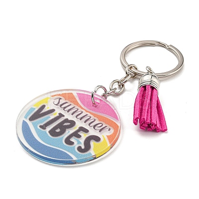Acrylic Flat Round with Suede Tassel Pendant Keychain KEYC-G060-01D-1