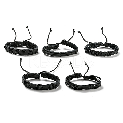 5Pcs 5 Style Adjustable Braided Imitation Leather Cord Bracelet Set with Waxed Cord for Men BJEW-F458-14-1