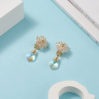 Glass Beaded Flower with Teardrop Dangle Clip-on Earrings EJEW-JE05206-1