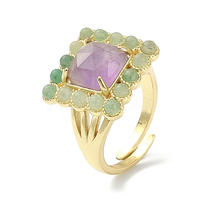 Natural Amethyst & Green Aventurine Rectangle Adjustable Ring RJEW-B030-01A-10-1