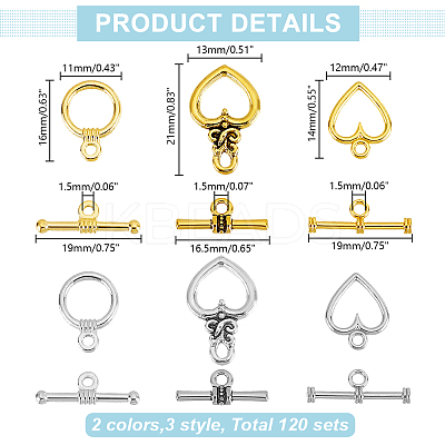 120 Sets 6 Styles Tibetan Style Alloy Toggle Clasps FIND-AR0005-77-1