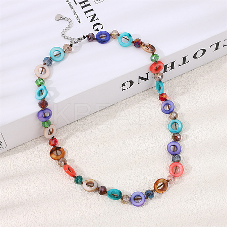 Bohemian Dyed Natural Shell Flat Round & Faceted Rondelle Glass Beaded Necklaces for Women NJEW-S456-01-1