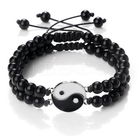 Black and White Yin Yang Non-Magnetic Synthetic Hematite Braided Bracelets NA9786-2-1