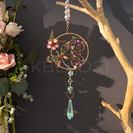 Wire Wrapped Natural Gemstone Beads & Metal Dragonfly Hanging Ornaments PW-WG454D0-01-1