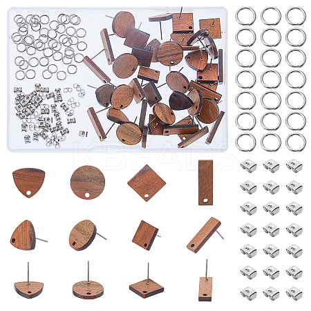 20 Pairs 4 Style Flat Round & Rhombus & Triangle & Rectangle Wood Stud Earring Findings DIY-DC0002-86-1