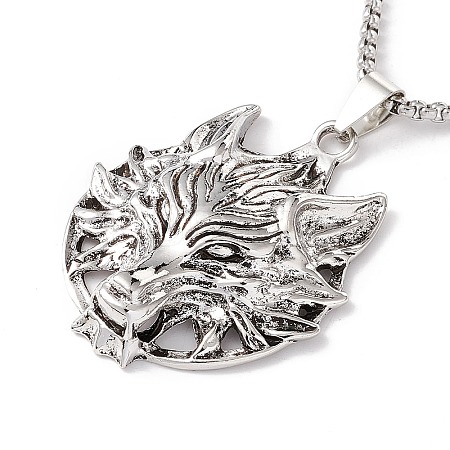 Alloy Wolf Pendant Necklace with 201 Stainless Steel Box Chains LS-NJEW-E016-19AS-1
