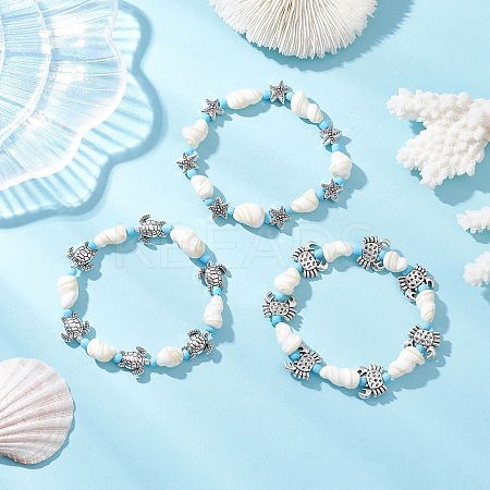 3Pcs Ocean Theme Natural Shell & Alloy Beaded Stretch Bracelets for Men Women BJEW-JB12387-1