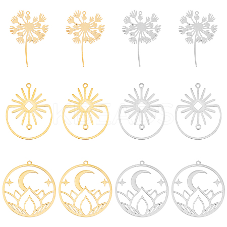 12Pcs 6 Style 201 Stainless Steel Pendants STAS-DC0014-35-1