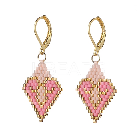 Glass Seed Braided Rhombus with Heart Dangle Leverback Earrings EJEW-MZ00030-01-1