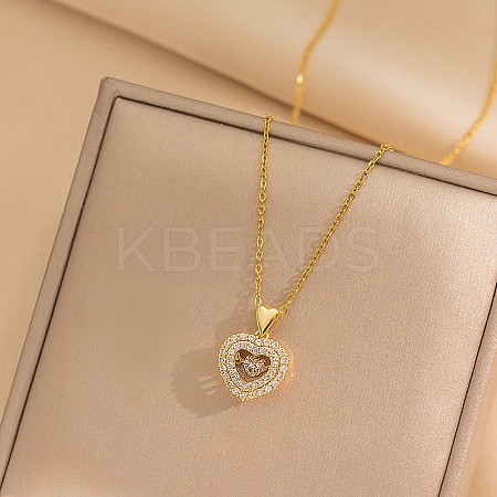 Heart 304 Stainless Steel Micro Pave Cubic Zirconia Pendant Necklaces for Women NJEW-D288-05G-1