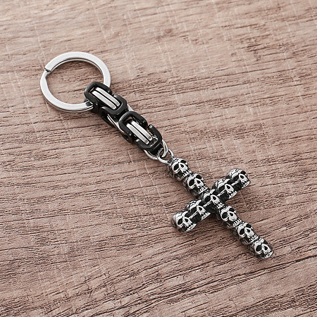 304 Stainless Steel Skull-shape Cross Keychains HC7516-1
