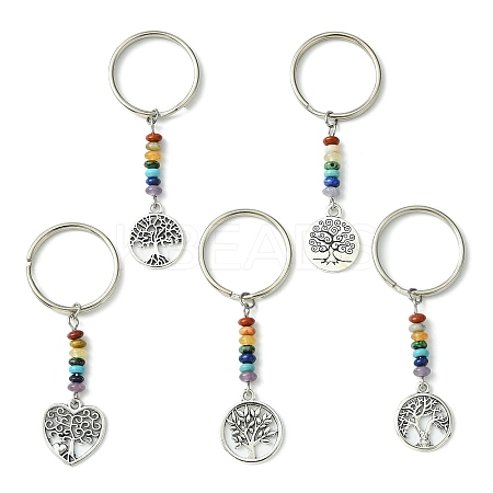 5Pcs Alloy Flat Round & Heart with Tree of Life Pendant Keychain KEYC-JKC00591-S-1