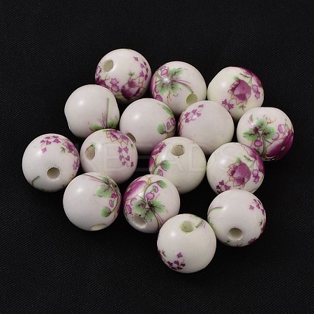 Floral Printed Porcelain Beads X-CFF038Y-1