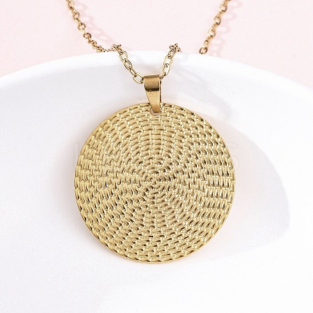 Flat Round 304 Stainless Steel Pendant Necklaces NJEW-M096-28G-1