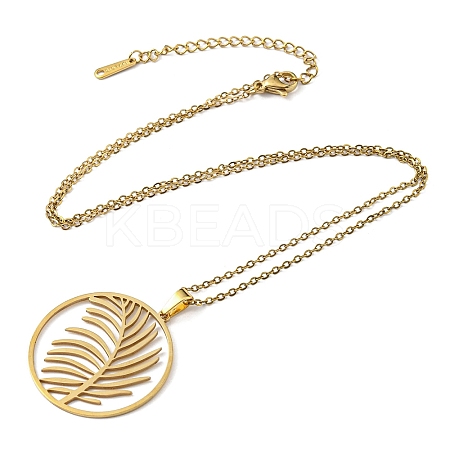 201 Stainless Steel Feather Pendant Necklace with Cable Chains NJEW-Q317-22G-1