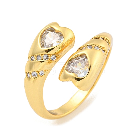 Brass Micro Pave Clear Cubic Zirconia Heart Open Cuff Rings for Women RJEW-L121-040G-1