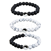 3Pcs 3 Styles Natural Howlite & Frosted Black Stone Beaded Stretch Bracelets Set BJEW-FI0001-21-1